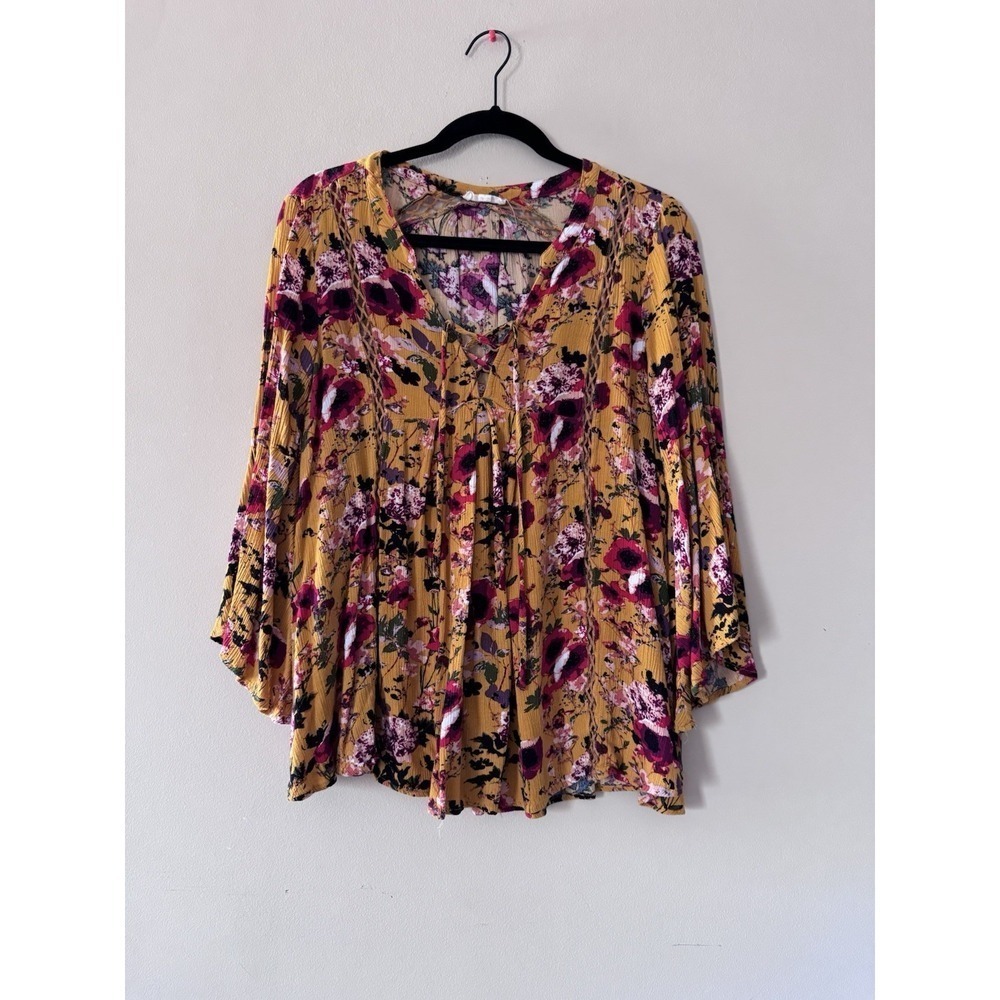 ODDY Women's Multicolor Yellow Floral Boho Hi-Low Baby Doll Top Sz L Oversized